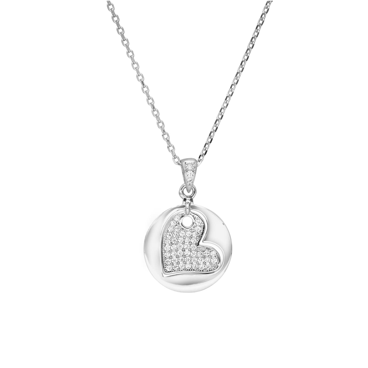 Collier argent pendentif cœur penché sur médaillon pavé zirconium