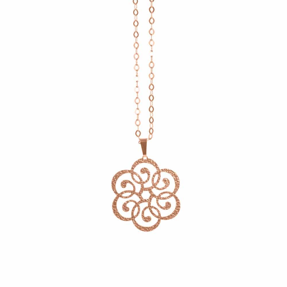 Collier argent motif fleur martelé rose