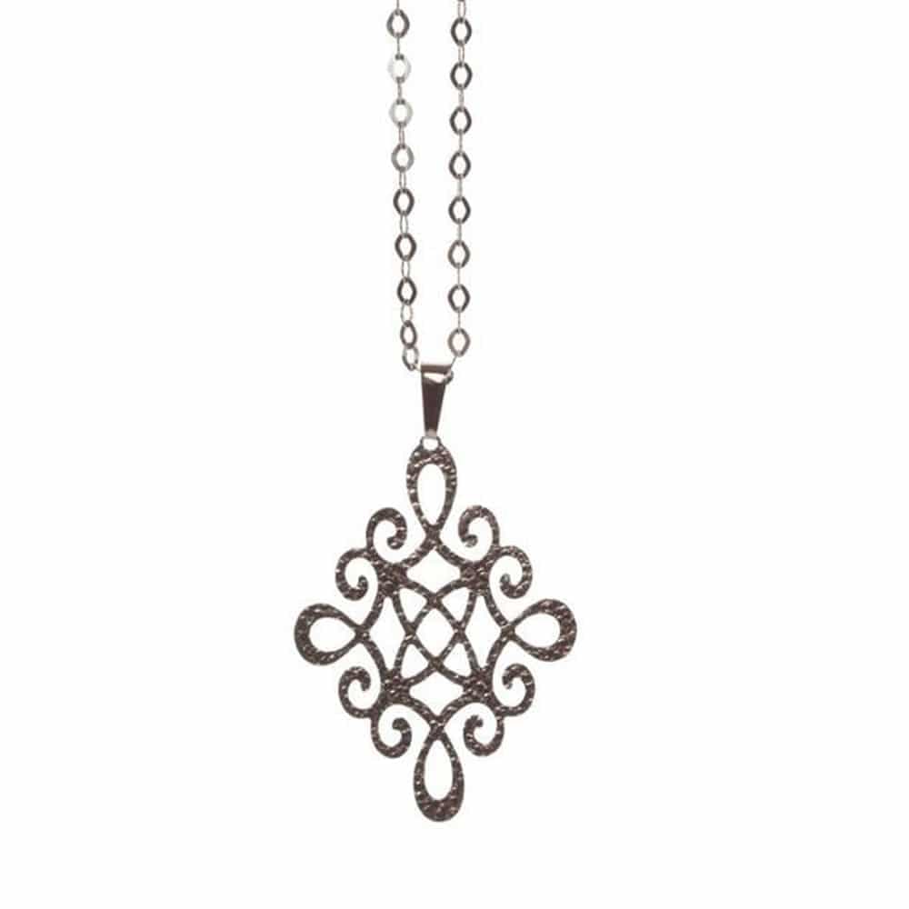 Collier argent motif losange martelé noir