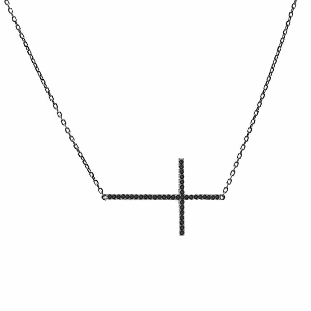 Collier argent noir croix horizontale