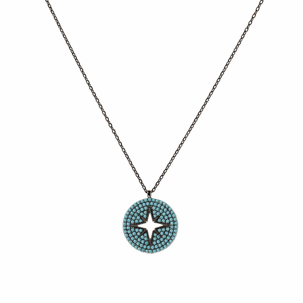 Collier argent noir médaillon rose des vents