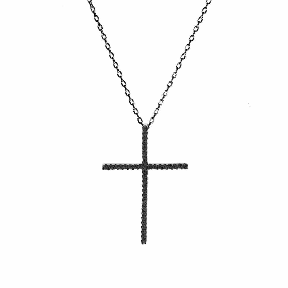 Collier argent noir croix verticale