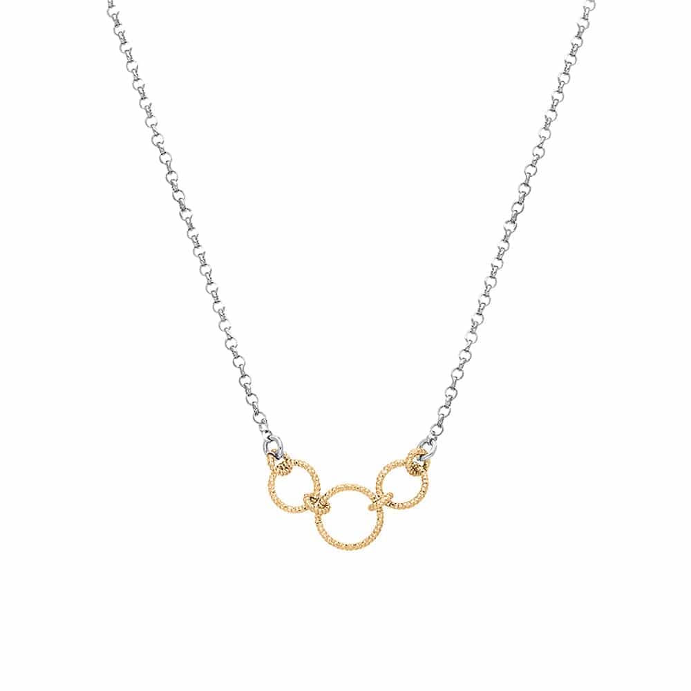 Collier argent rhodié doré trois anneaux diamanté