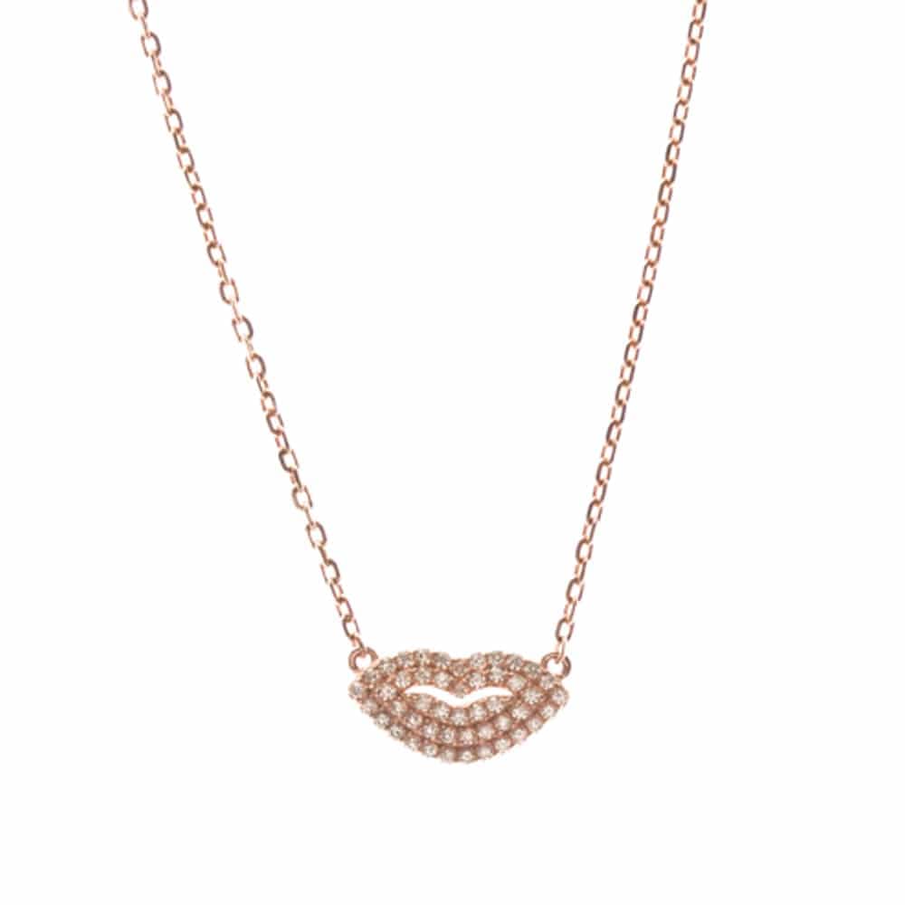 Collier argent rose bouche sertie blanc