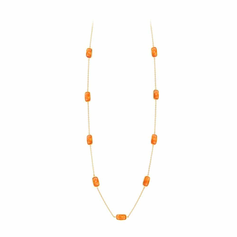 Collier argent sautoir dore galets pierres orange