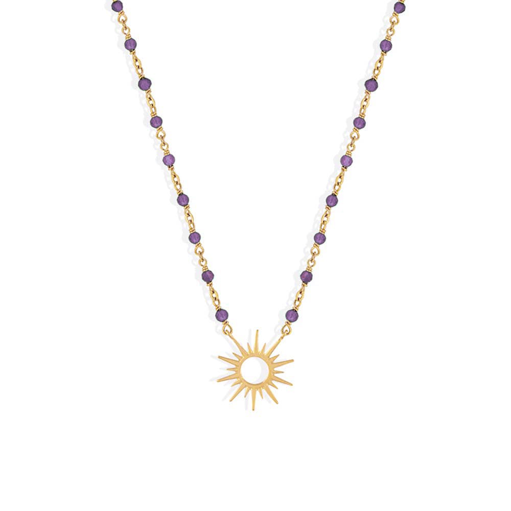 Collier argent soleil doré et pierre améthyste