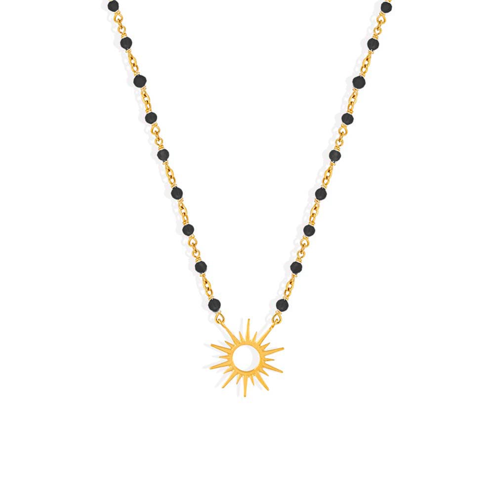 Collier argent soleil doré et pierre spinelle noire