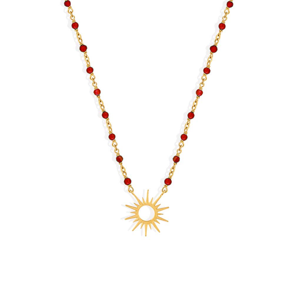 Collier argent soleil doré et pierre onyx rouge