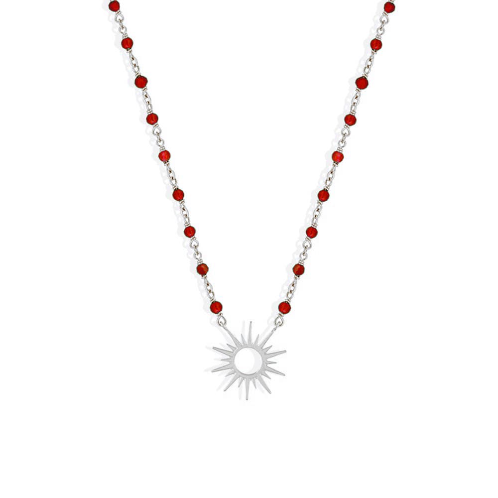 Collier argent soleil rhodié et pierre onyx rouge