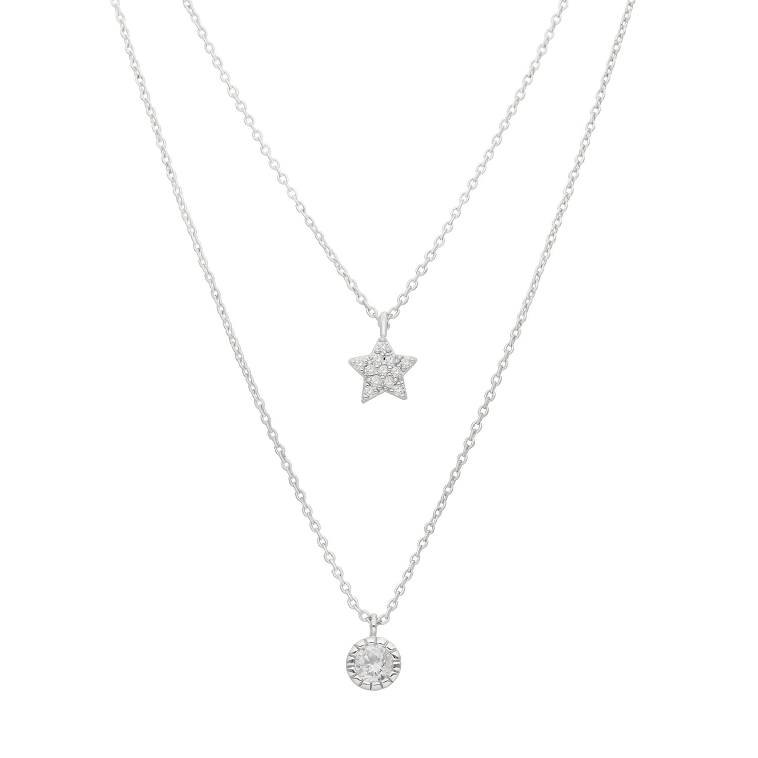 Collier argenté étoile et rond serti