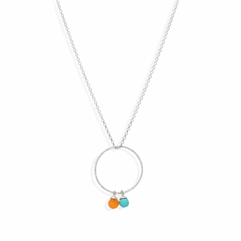 Collier cercle argent rhodié turquoise et cornaline véritable