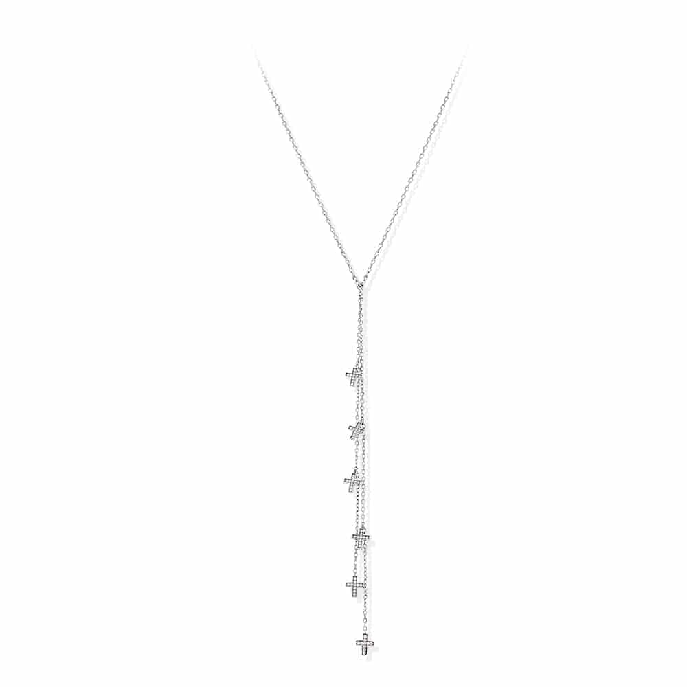 Collier cravate argent croix serti blanc