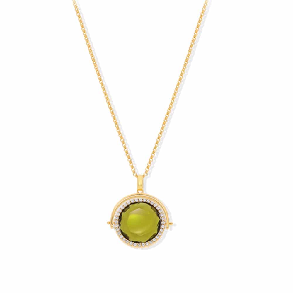 Collier médaillon double face doré cristal kaki et brun