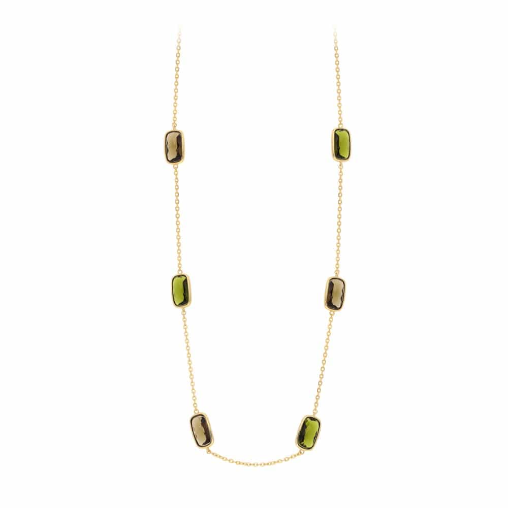 Collier doré petits galets cristal kaki et brun