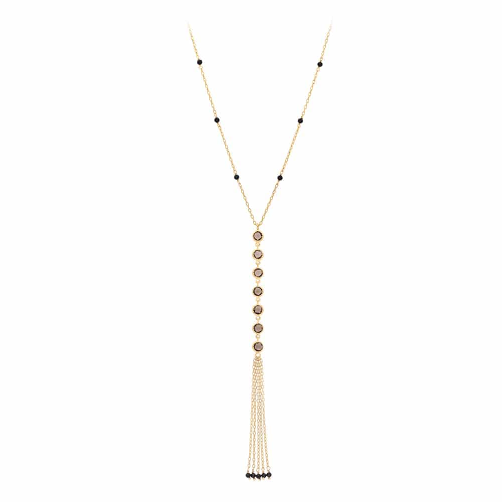 Collier argent cravate doré pompon pierres naturelles fumé