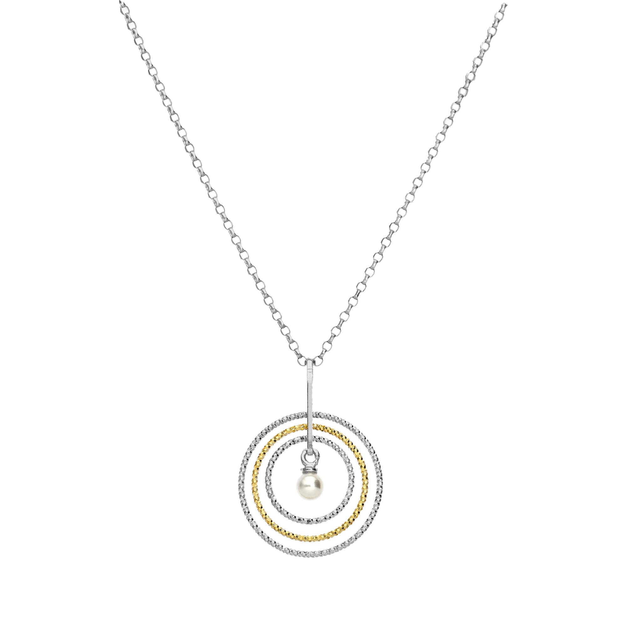 Collier en argent doré bicolore 3 cercles avec perle