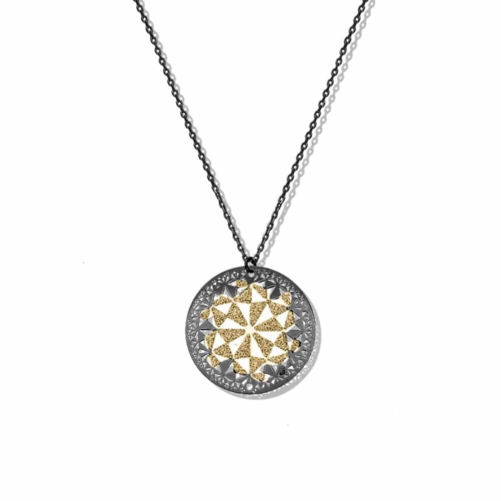 Collier fleur moderne argent noir glitter doré