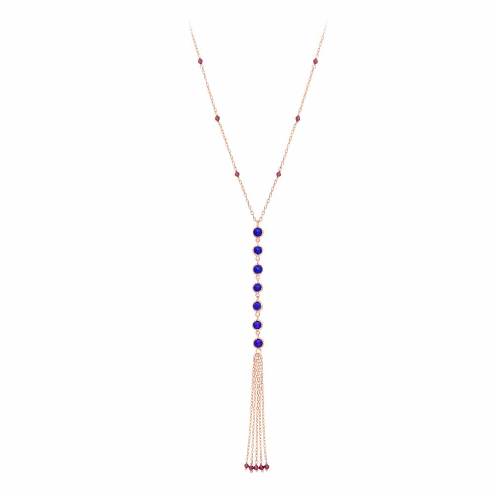 Collier argent cravate rose pompon pierres naturelles marine et prune