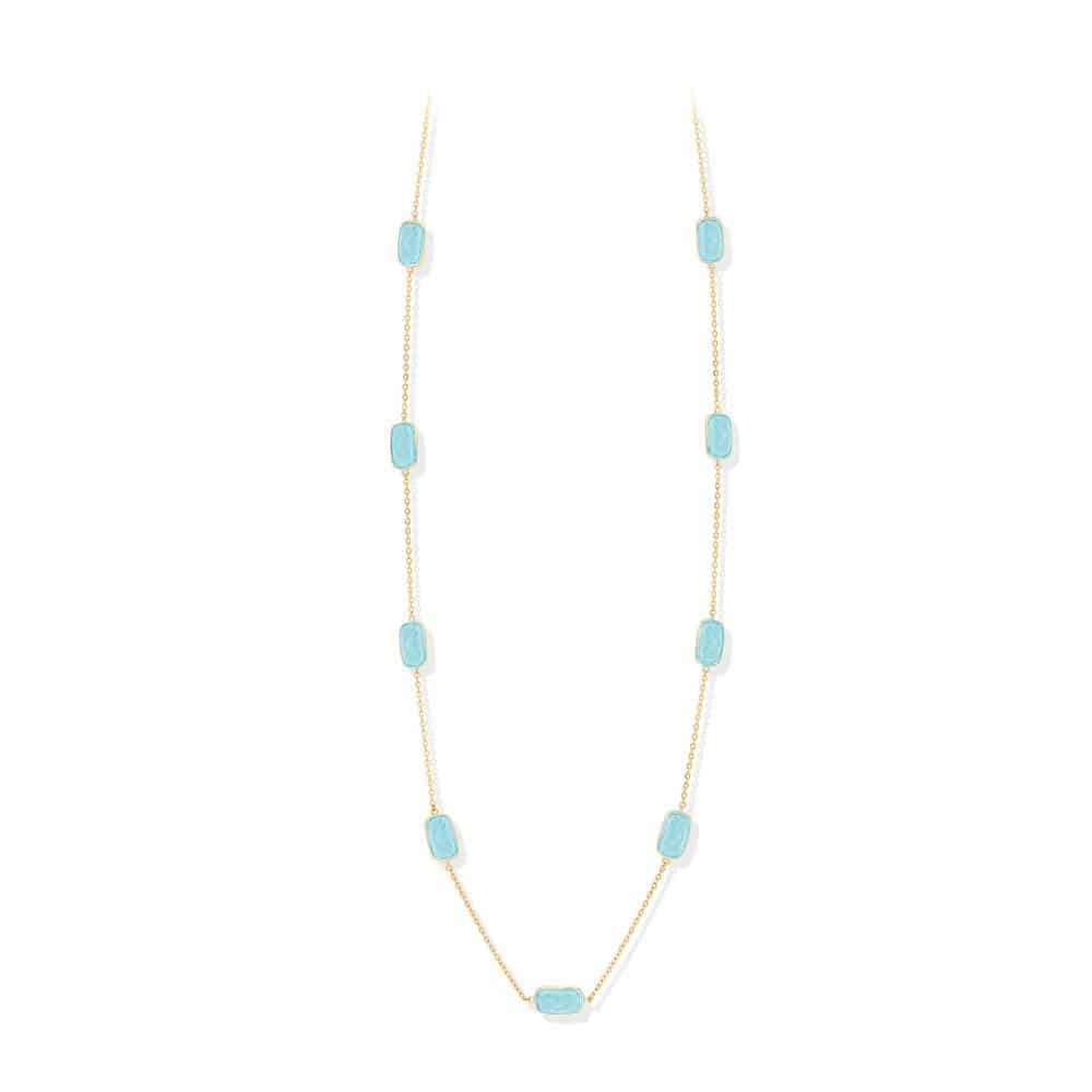 Collier sautoir argent doré galet pierre vert eau