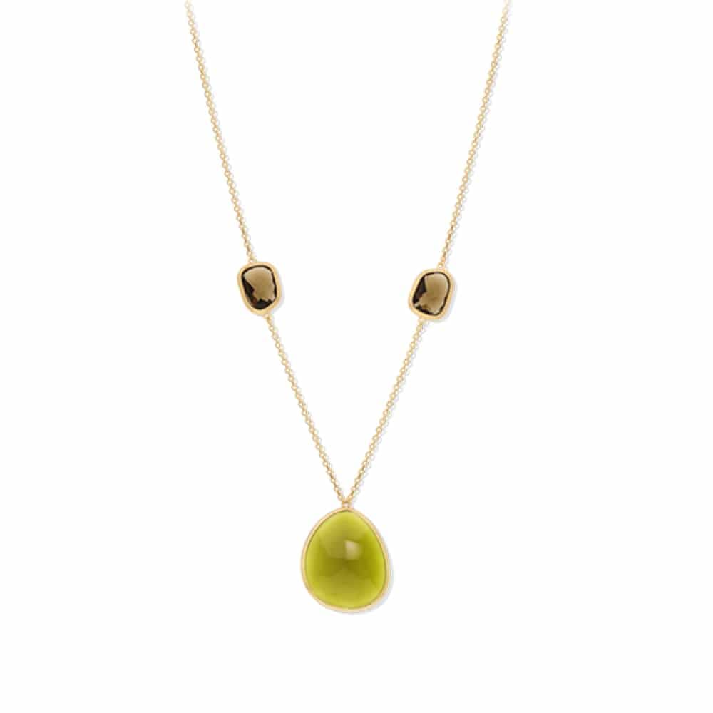 Collier sautoir doré gros galet cristal kaki et brun