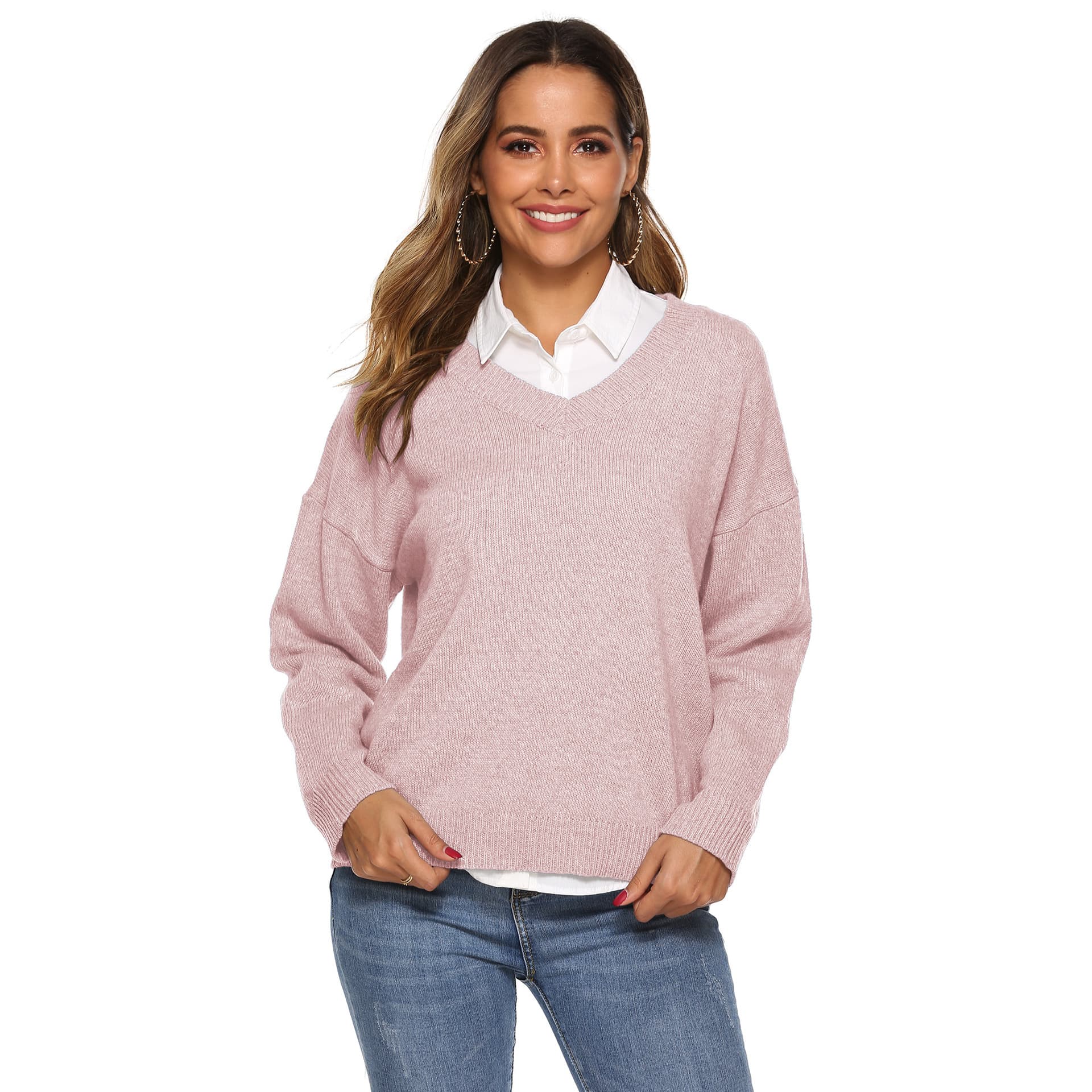 Pure color simple woven V-neck pullover sweater - L - Pink