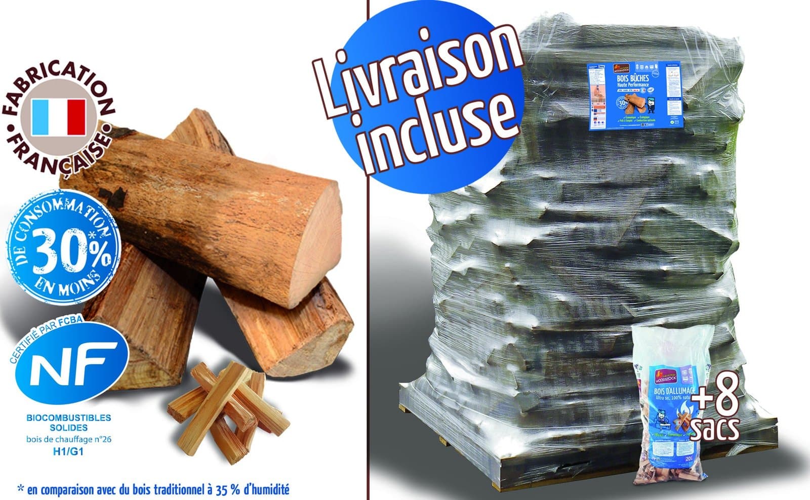 Bûches 40 cm, 1.66m³, 2.25 stères + 8 sacs bois d'allumage