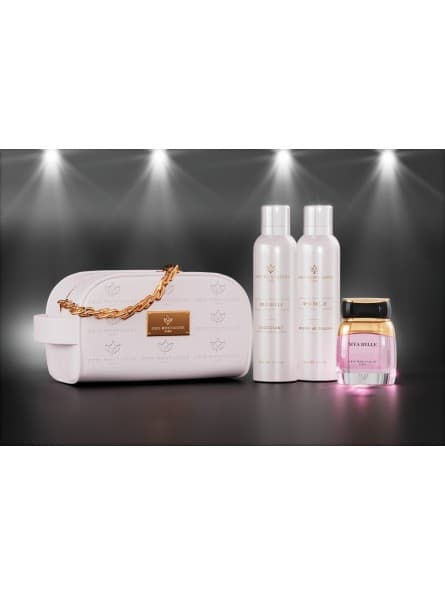 Gris Montaigne Paris - Trousse MYA BELLE, Élégante, Spacieuse, Comprend Parfum 80 ml, Déodorant 150 ml, Mousse Douche 150 ml