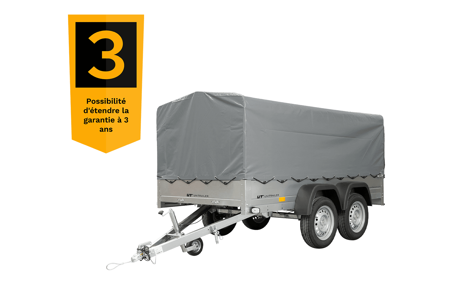 UNITRAILER 264/2 KIPP DOPPELAGS-ANHÄNGER MIT STÜTZRAD, ÜBERROLLBÜGEL UND GRAUER PLANE