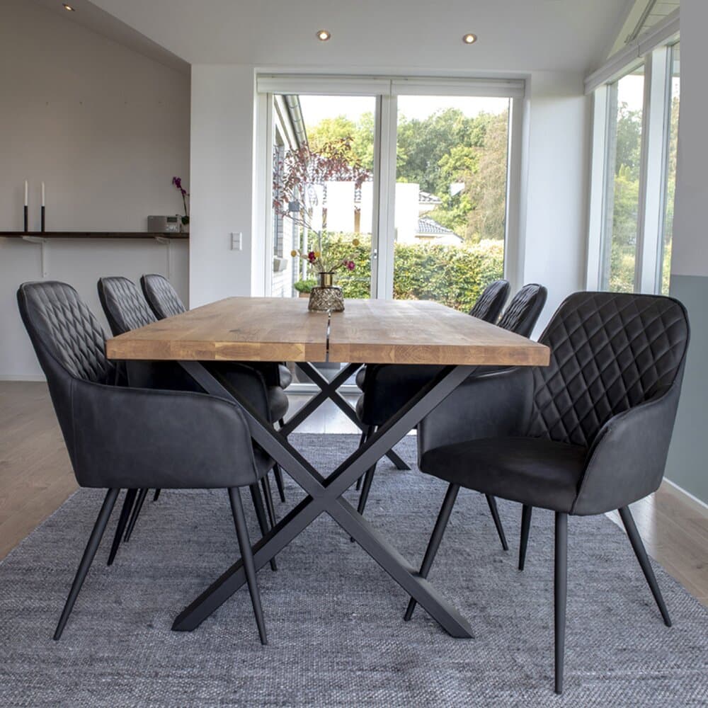 Ensemble table repas 200 cm naturel et 6 fauteuils en PU gris - NYLA