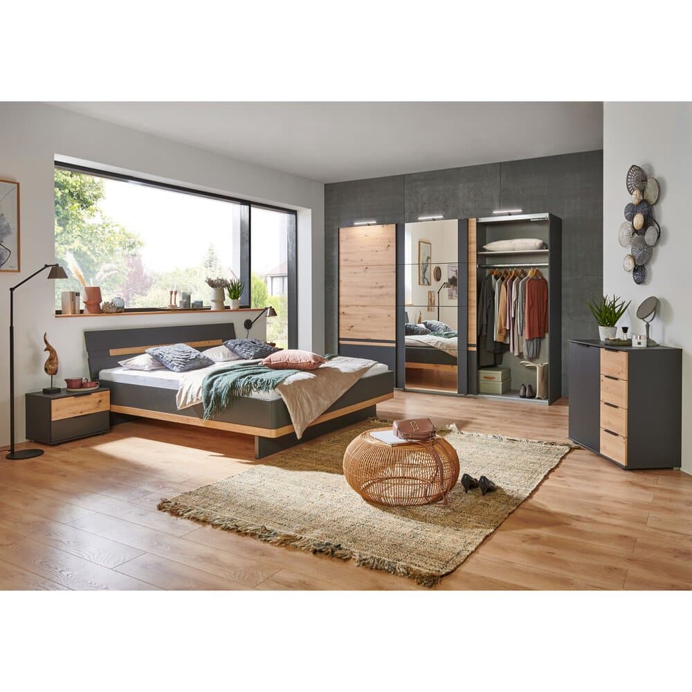 Ensemble lit, chevets, armoire 3 portes et commode gris foncé - KANSAS