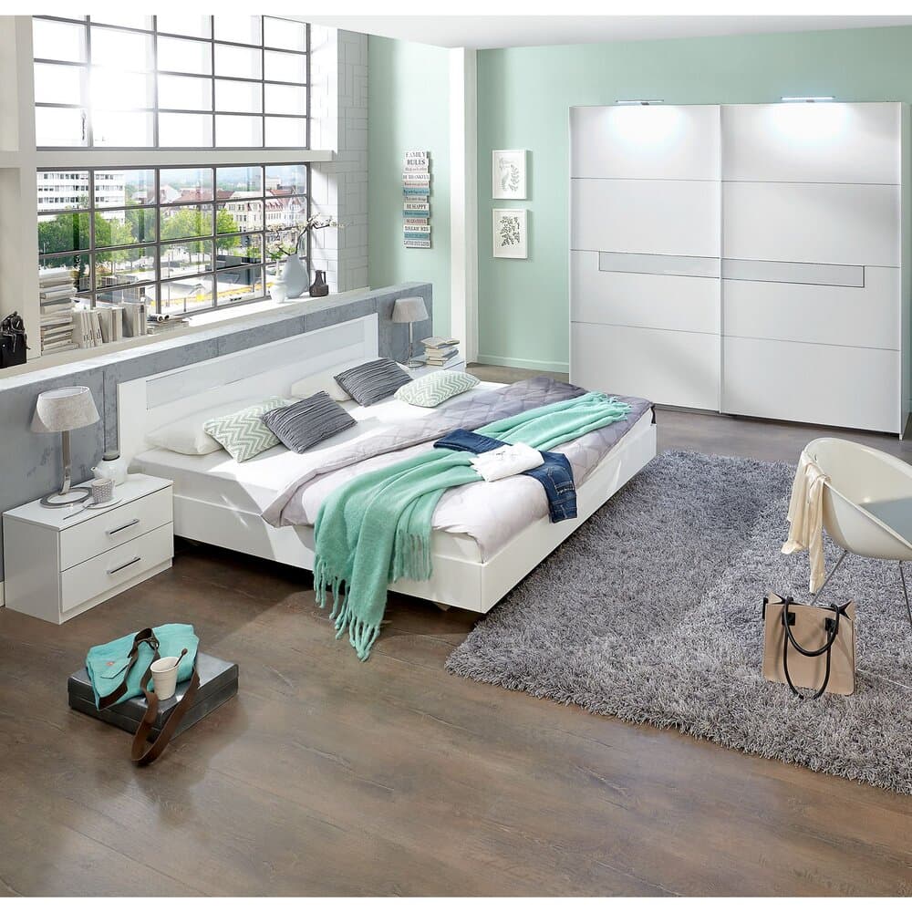 Ensemble lit 180x200 cm 2 chevets et 1 armoire décor blanc - NOELLA