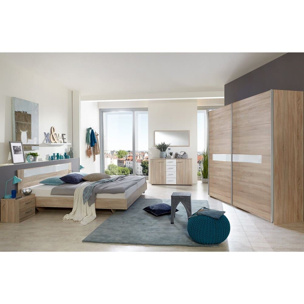 Ensemble lit 180x200 cm 2 chevets et 1 armoire décor chêne - NOELLA