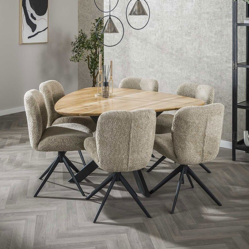 Ensemble table organique 135 cm + 6 chaises en tissu bouclette sable