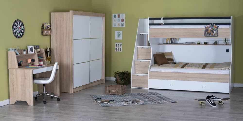 Chambre complète style scandinave avec lit superposé couleur blanc et bois clair - lit superposé