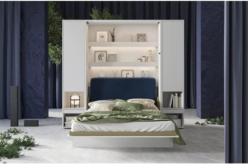 Lenart Armoire Lit Escamotable +2 Placards Tiroir Vertical 140x200 cm Blanc Mat Rabattable Mural Consus