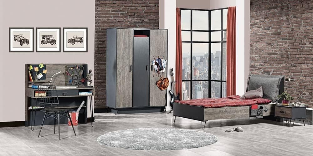 Chambre complète pour garçons style industriel carbon comprend lit - table de chevet - armoire - bureau