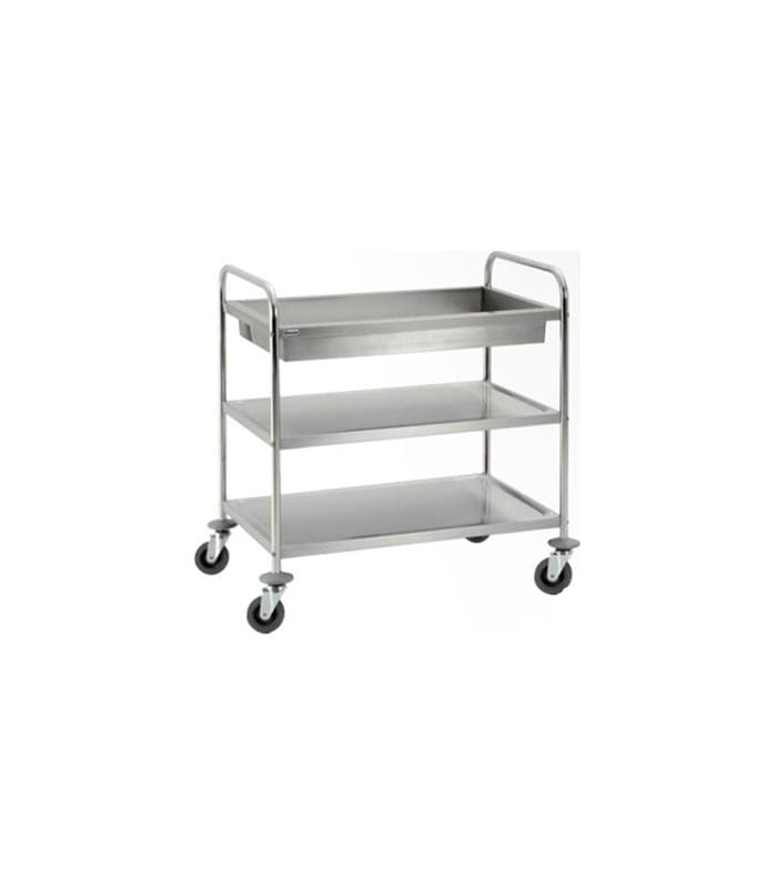 Chariot de transport inox : 2 plateaux et 1 bac de débarrassage