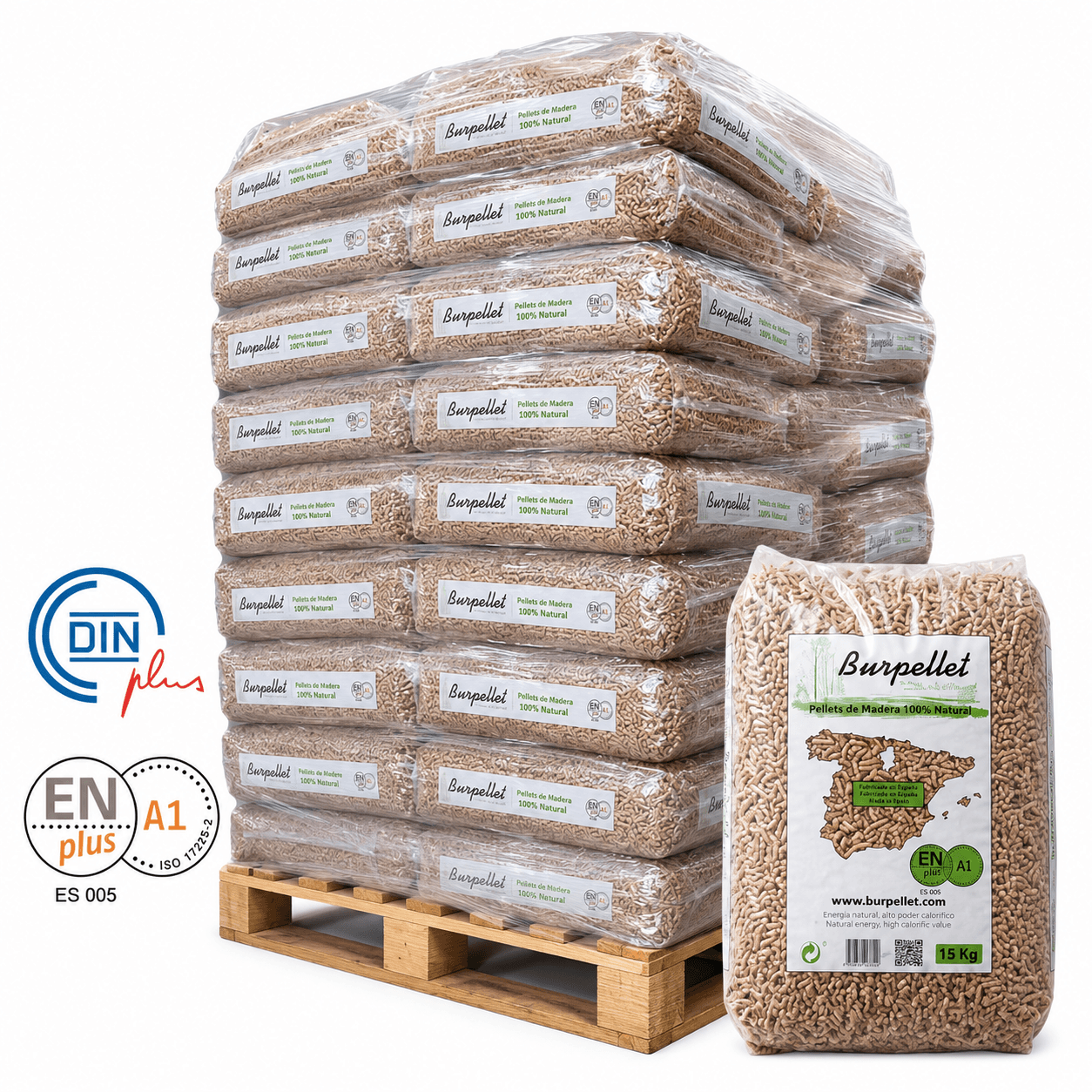 Palete de pellets Burpellet ENplus A1 em Sacos de 15 kg para aquecimento