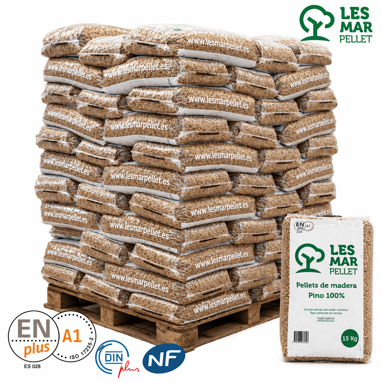 Palete de pellets Lesmar Pellet ENplus Pino 100% em Sacos de 15 kg para aquecimento