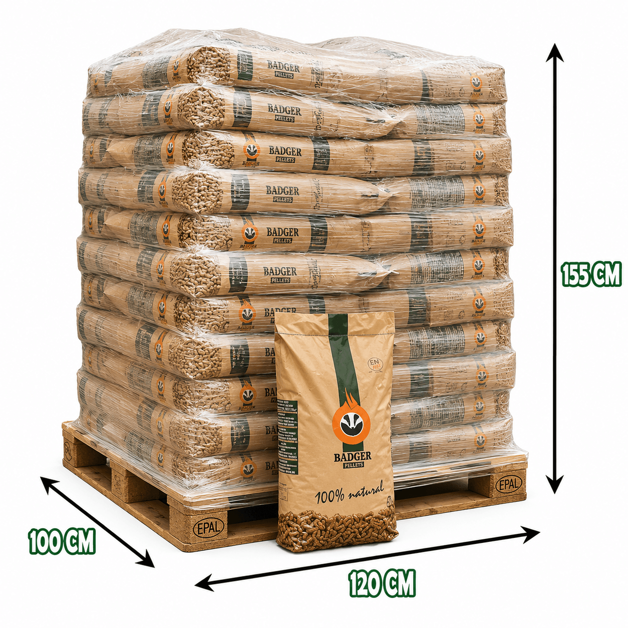 Palete de pellets Badger DINplus y ENplus A1 em Sacos de 15 kg para aquecimento