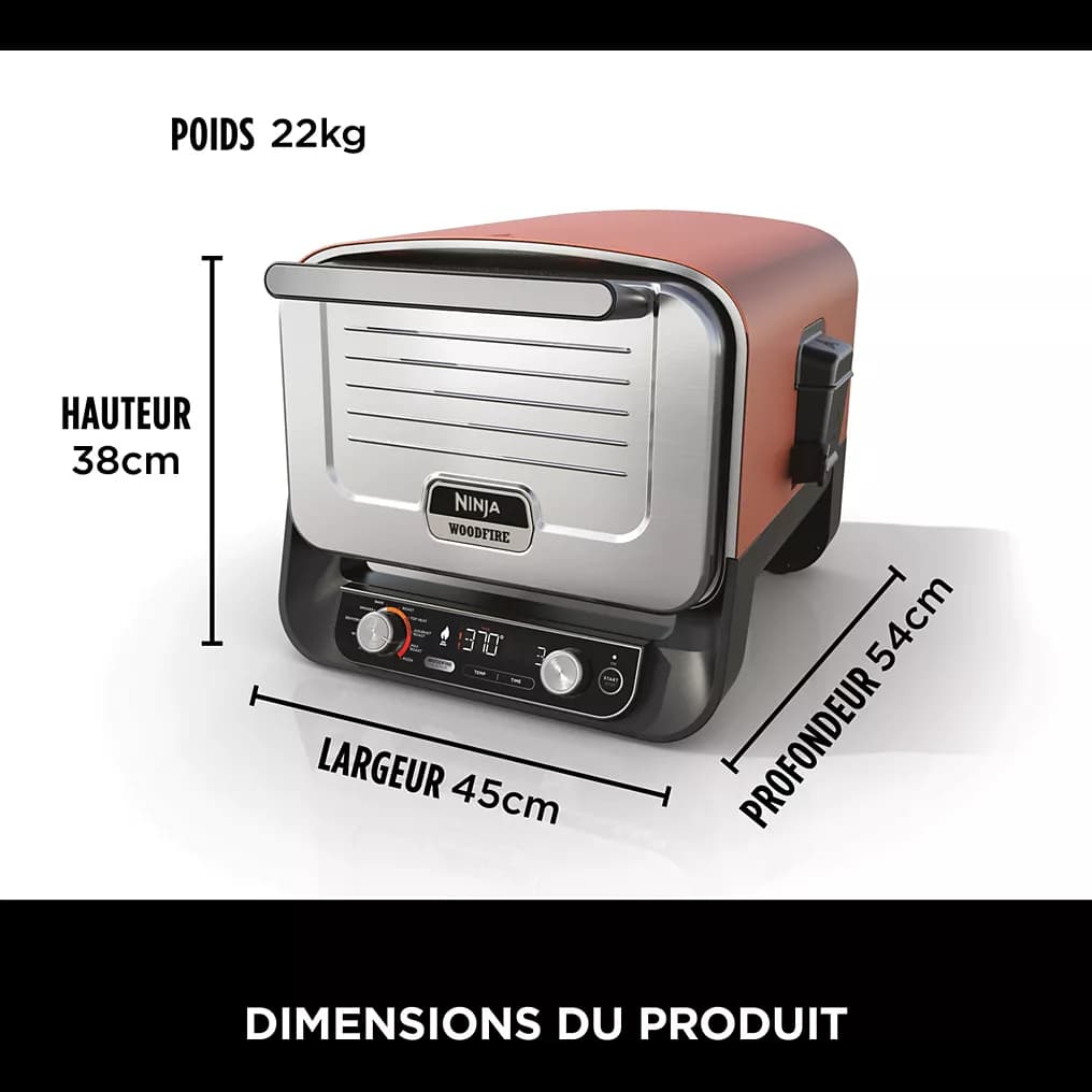 Four à pizza électrique NINJA Woodfire OO101EU orange inox, 1 pizza 30 cm, préchauffage 15 min, jusqu'à 370°C