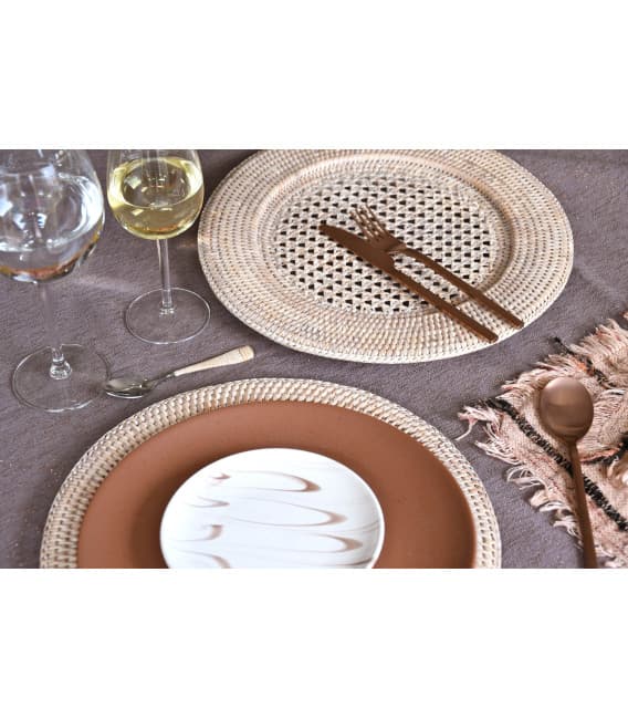 Dessous d'assiette en rotin tressé et cannage, Hôtesse, coloris blanc cérusé