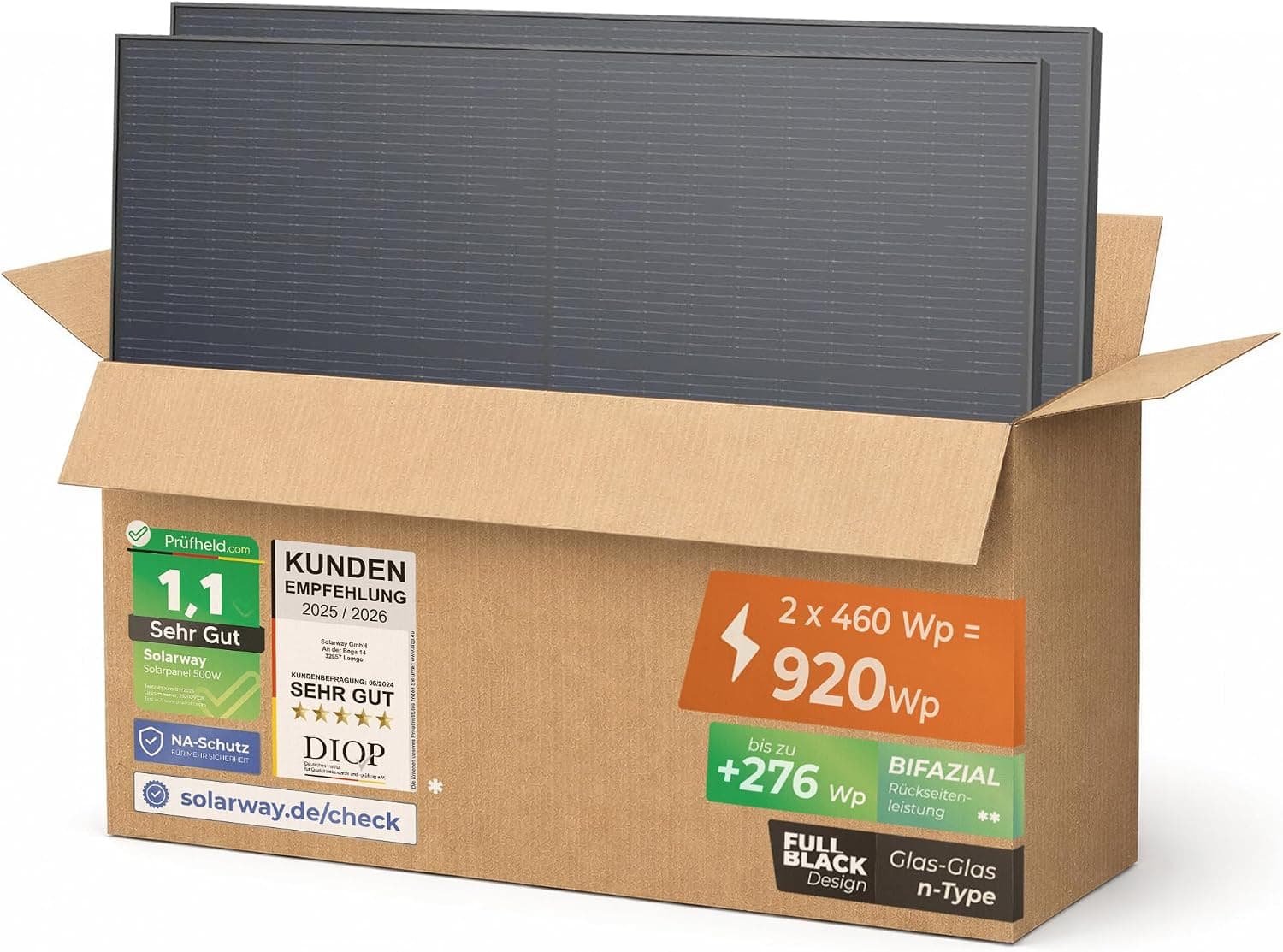 Solarway Hochleistungs-Bifazial-Solarpanel-Serie – N-Type-Technologie (460W & 500W) - 2 Panels - 460 W