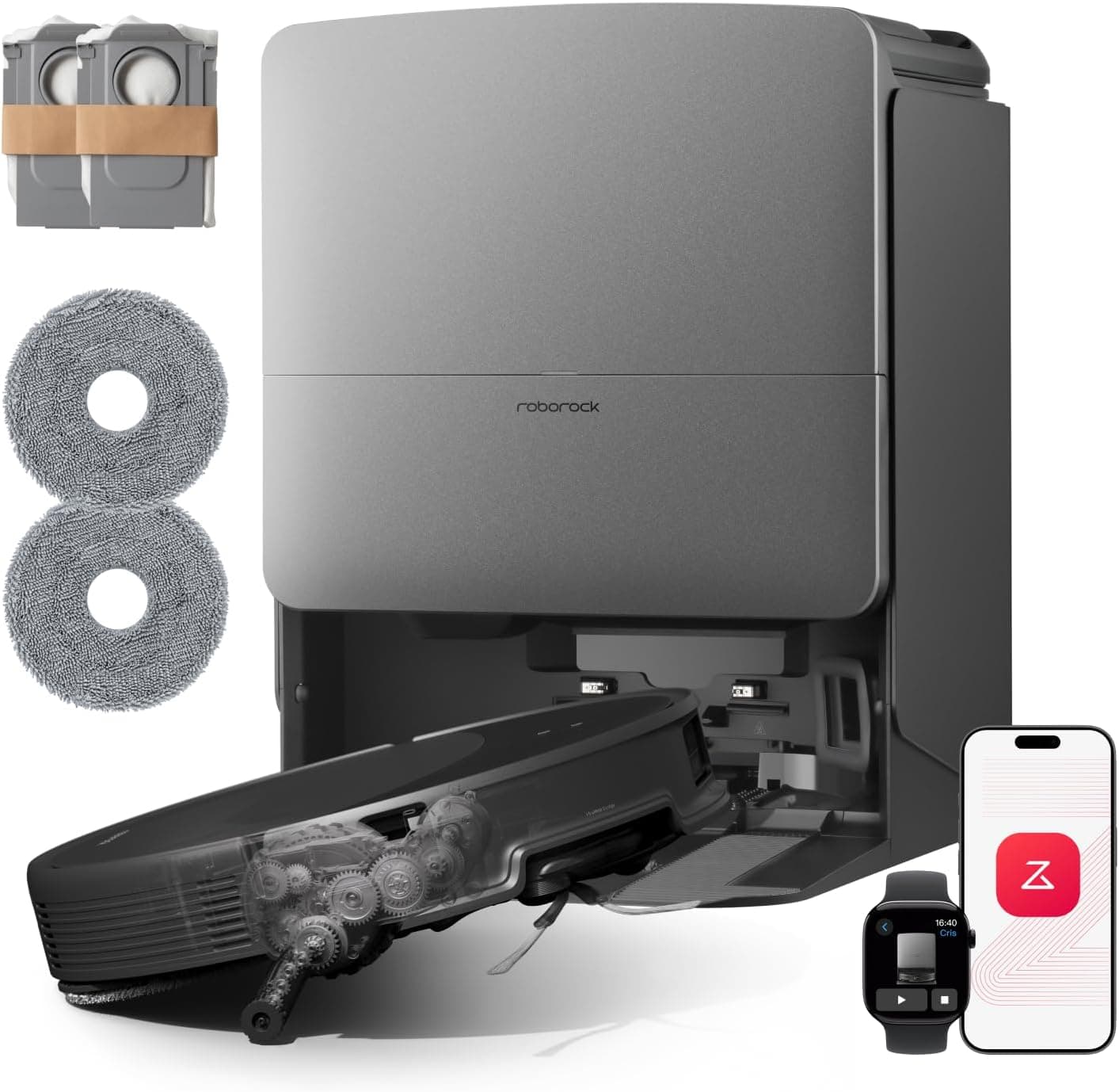 Roborock Saros Serie Saug- und Wischroboter mit dToF/LiDAR-Navigation, HyperForce Saugkraft und intelligenter RockDock-Reinigungsstation - Set Schwarz