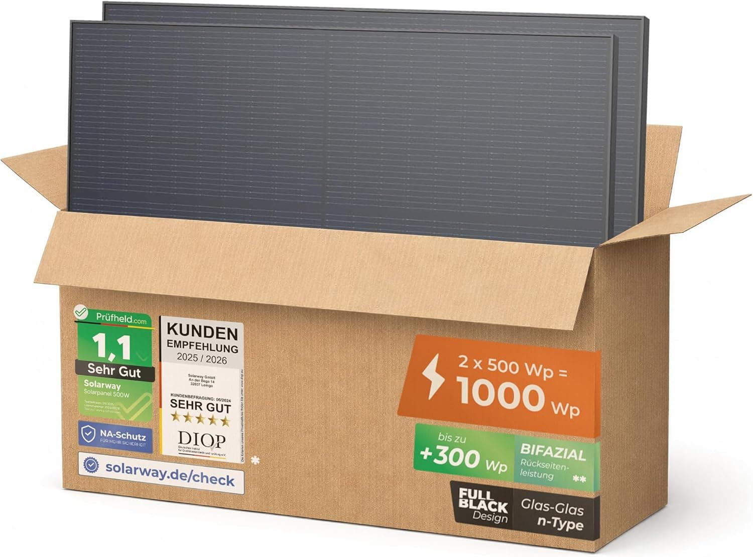 Solarway Hochleistungs-Bifazial-Solarpanel-Serie – N-Type-Technologie (460W & 500W) - 2 Panels - 500 W