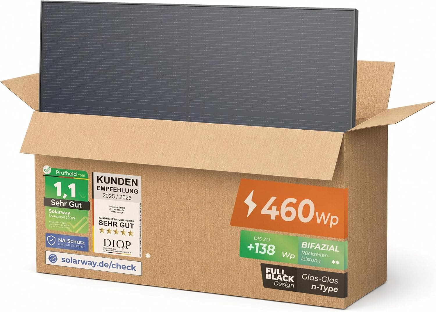 Solarway Hochleistungs-Bifazial-Solarpanel-Serie – N-Type-Technologie (460W & 500W) - 6 Panels - 460 W