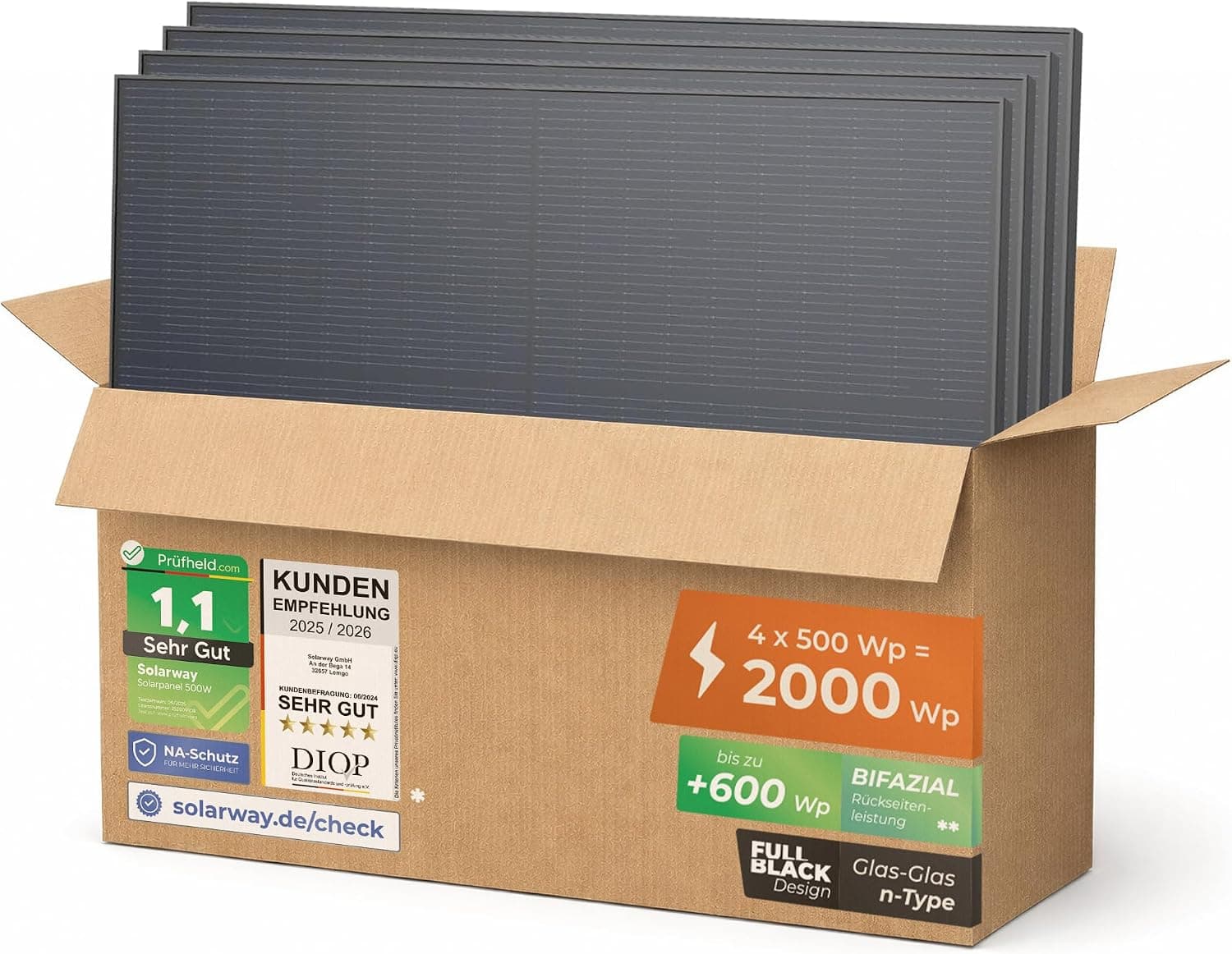 Solarway Hochleistungs-Bifazial-Solarpanel-Serie – N-Type-Technologie (460W & 500W) - 4 Panels - 500 W