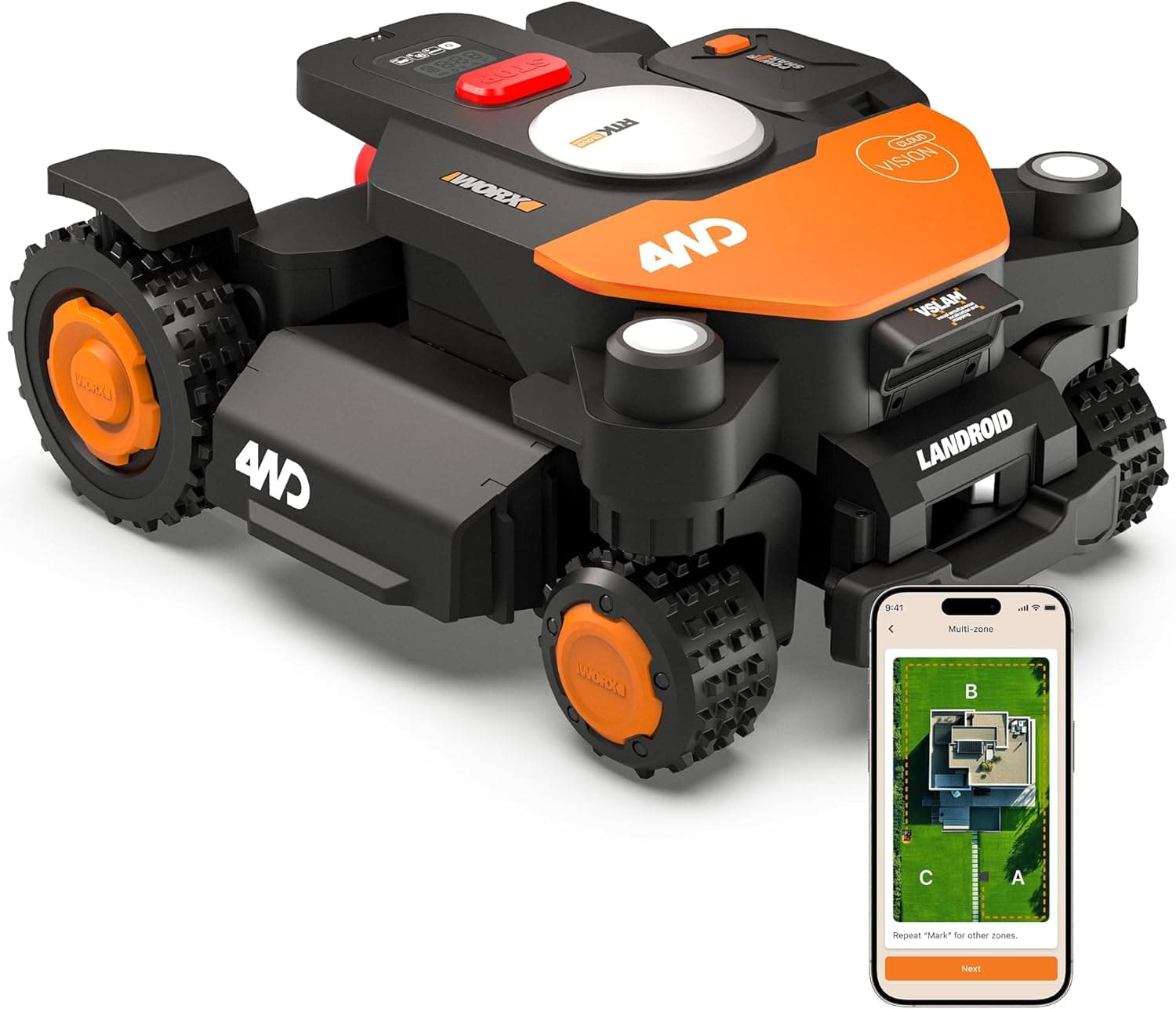 WORX Landroid Vision Cloud 4WD Mähroboter mit KI-Hinderniserkennung, RTK-Cloud-Navigation und automatischer Kartierung - 2000 m²