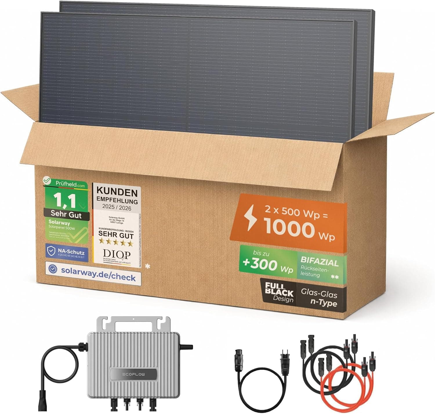 Solarway 1000Wp Balkonkraftwerk – 800W EcoFlow Stream Wechselrichter & 500W Bifaziale Solarmodule - Flat Roof Bracket