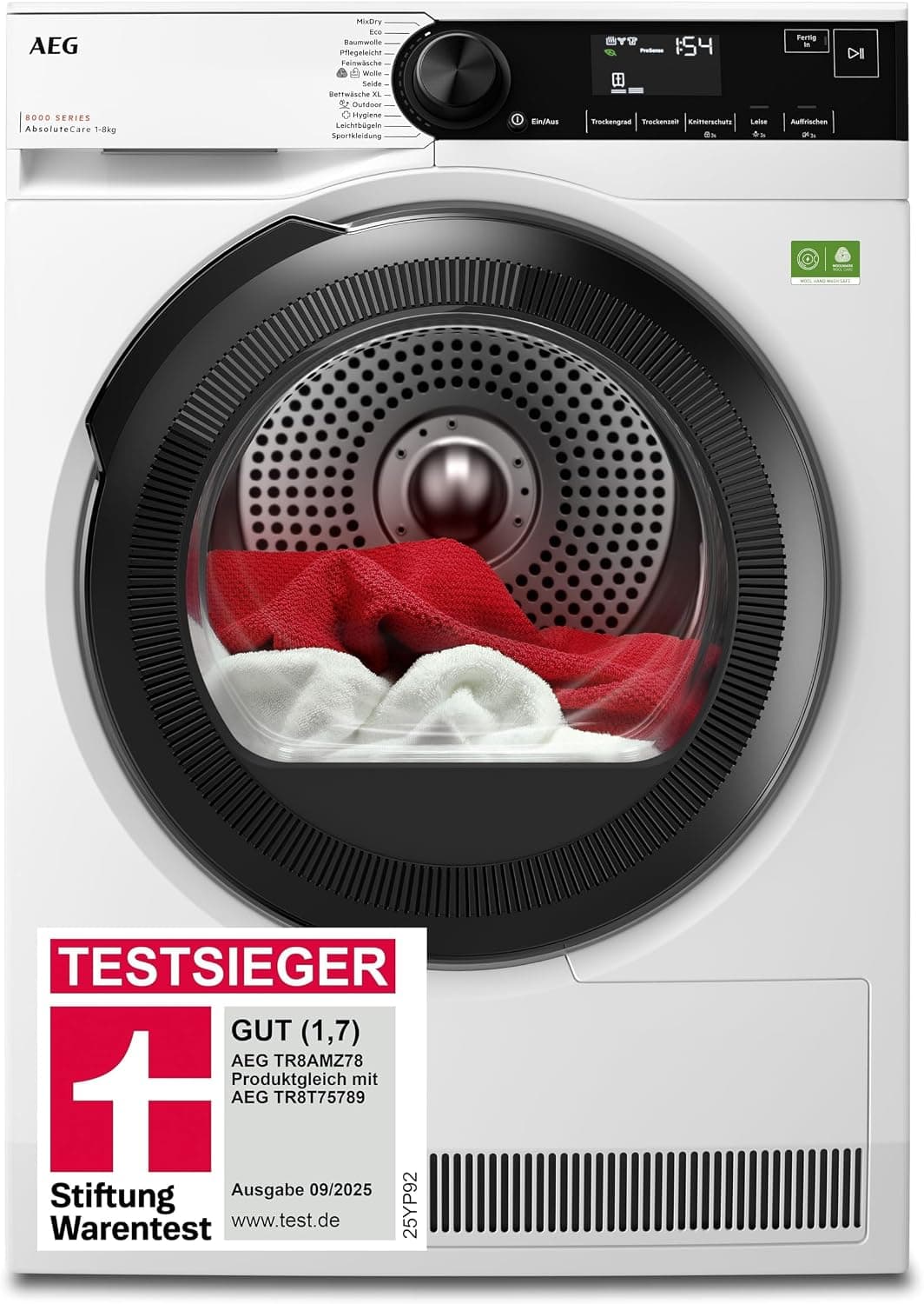 AEG 8000 Serie Wärmepumpentrockner | Freistehend mit AbsoluteCare & A+++ (8kg) - B - 8kg Wolle